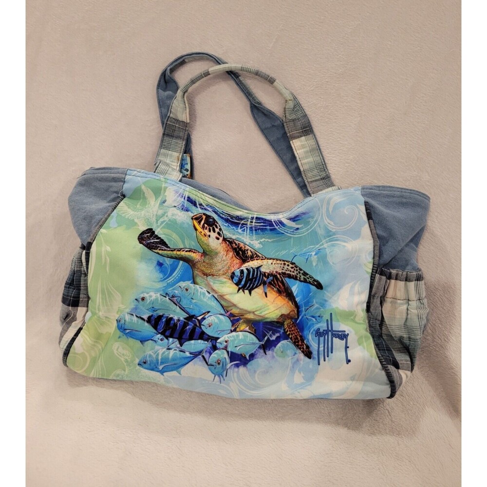 Guy Harvey Blue Ocean Sea Turtle Tote Bag Zippered